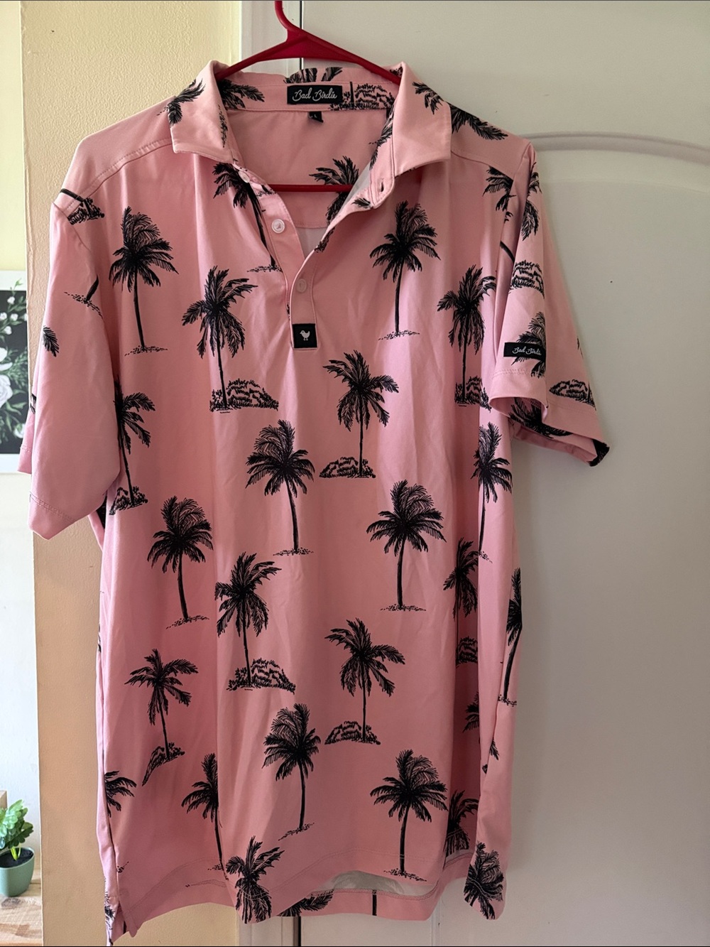 Bad Birdie Size L Pink with Palm Trees Polo